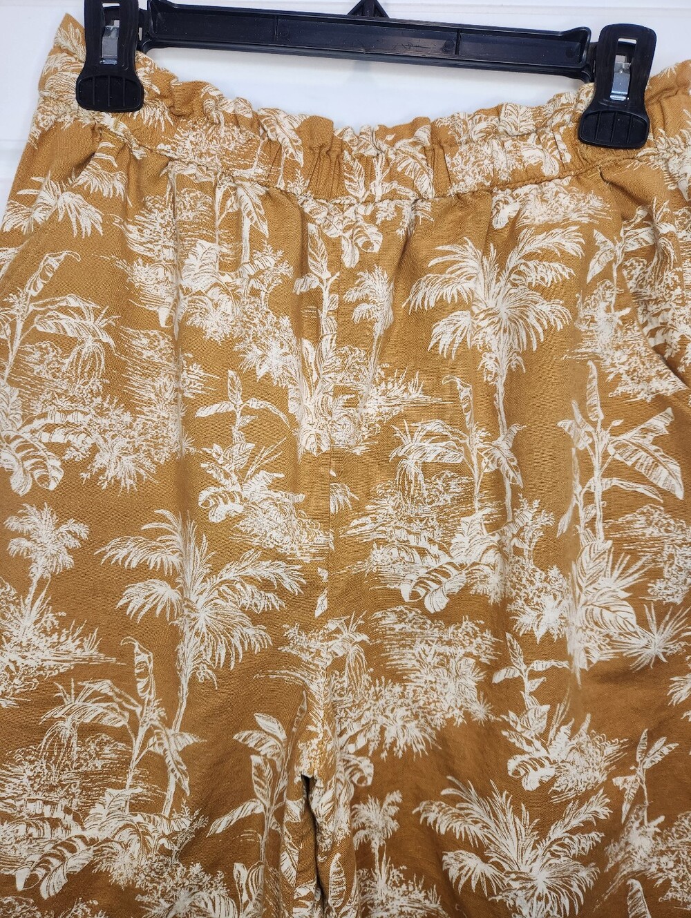 AE Cotton Linen Women's Wide Leg Cropped Pant Mustard Yellow Palm Tree, Sz L - Picture 4 of 5